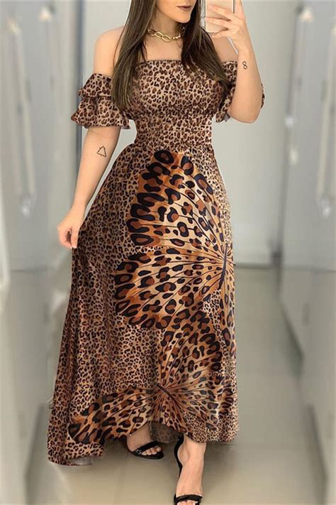Wholesale Leopard Fashion Sexy Off The Shoulder Short Sleeve Strapless Printed Dress Floor