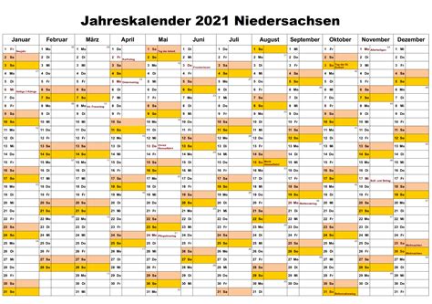 Ihnen fehlt ein kalender für das neue jahr, sie benötigen jedoch eher einen zweckmässigen kalender samt feiertagen zum ausdrucken statt einen teuren wandkalender? Kostenlos Jahreskalender 2021 Niedersachsen Zum Ausdrucken ...