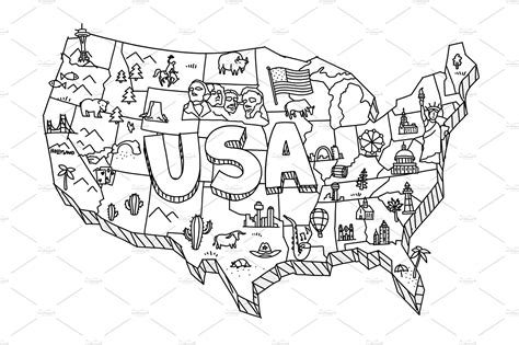 Illustrated Usa Map Sketch Tourist Illustrations ~ Creative Market