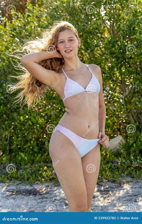 Lovely Blonde Bikini Model Posing Outdoors On A Caribbean Beach Stock Photo Image Of Beach