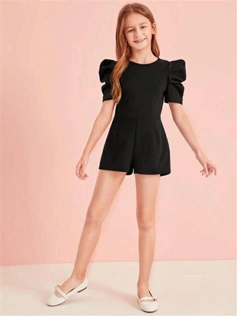 Girls Solid Puff Sleeve Zip Back Romper Shein Outfits Girls Outfits