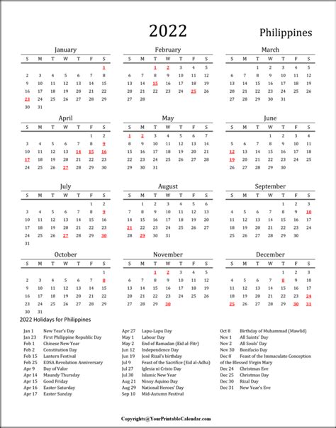 Printable Philippines Calendar 2022 Your Printable Calendar