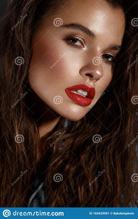 Beautiful Girl With Bright Makeup Red Lips Wet Hair