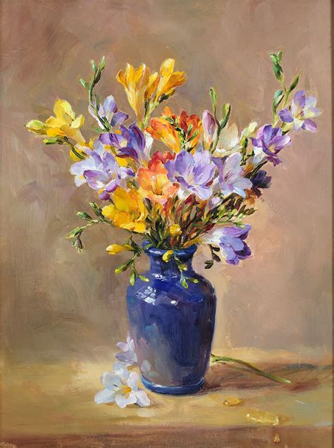 Still Life Of Freesias In A Blue Vase By Anne Cotterill 1933 2010