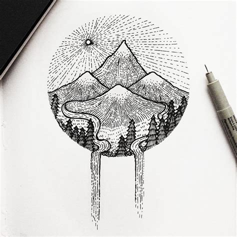 How to draw mountains easily and simply wakes told in this article! menis_art — RiverMountain!// #mountain #tree #waterfall...