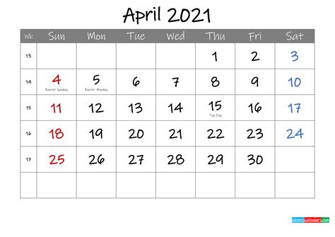 Editable April 2021 Calendar With Holidays Template Ink21m4