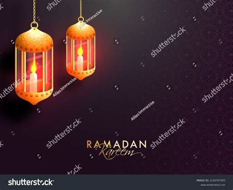Golden Ramadan Kareem Font With Realistic Illuminated Lanterns Hang On