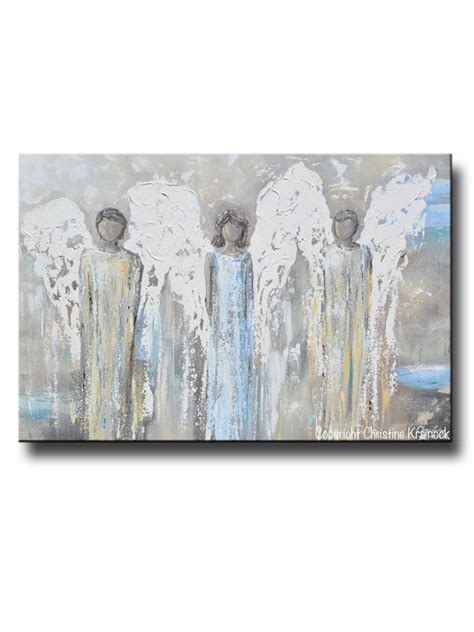 Original Angel Painting Abstract 3 Guardian Angels White Home Wall Art