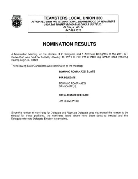 Results Of The Local 330 Nomination Meeting For The Election Of