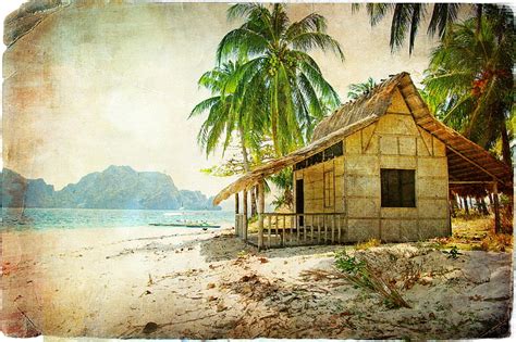 ココナッツの木の絵、 海、 ビーチ、 パルマ、 小屋、 ボート、 ヴィンテージ、 ココナッツの横にある茶色のコテージ、 Hdデスクトップの壁紙