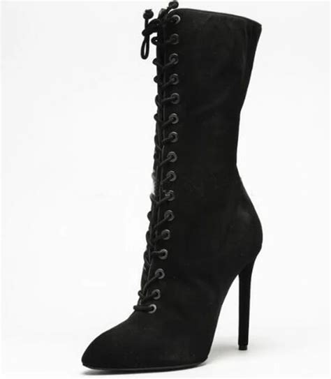 new fashion women pointed toe black suede leather lace up gladiator boots cut out super high