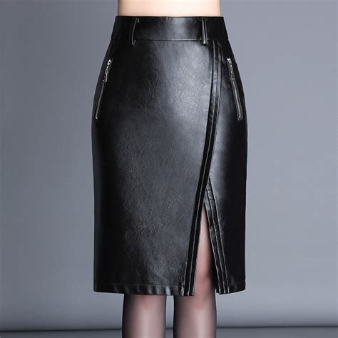 dwayne autumn winter high waist bodycon leather skirt women sexy split pu leather skirts womens