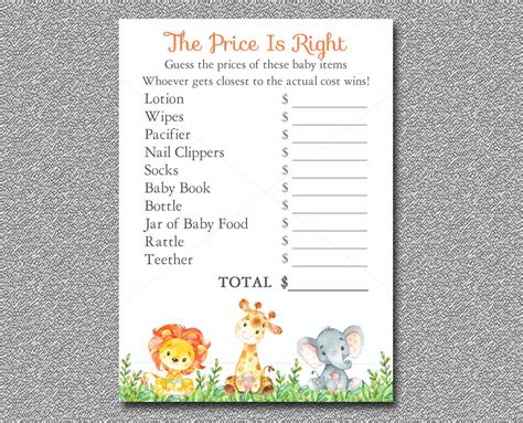 Safari Baby Shower Game Price Is Right Game Printable Jungle