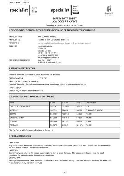 SAFETY DATA SHEET LOW ODOUR FIXATIVE