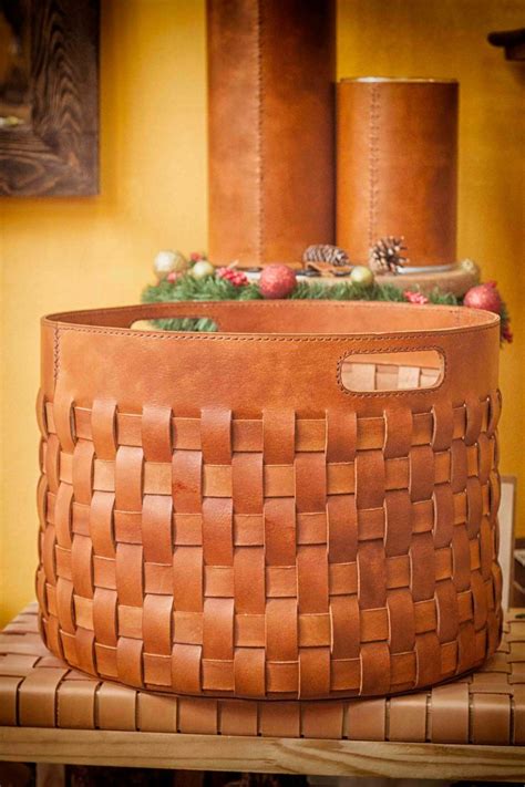 Leather Storage Basket Handwoven Log Cabin Decor Hosting Decor Large