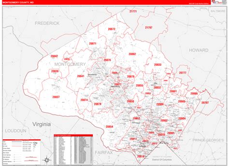 Montgomery County Md Zip Code Wall Map Red Line Style By Marketmaps