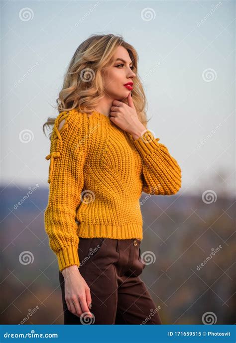 style is all about balance gorgeous lady feeling cozy in woolen sweater trendy clothes stock