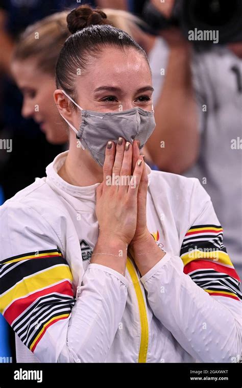 Belgian Nina Derwael Celebrates As She Wins The Individual Uneven Bars Final Event In The