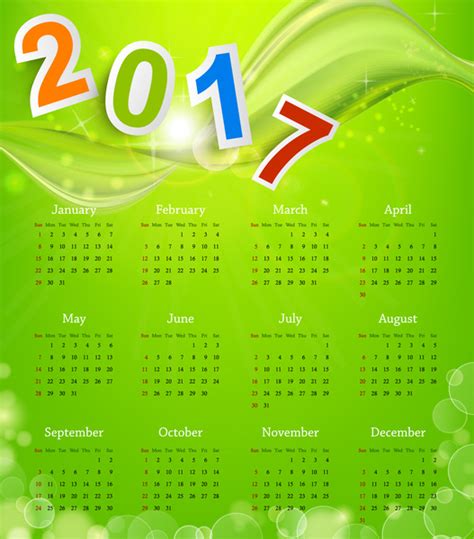 Calendar 2017 Templates Green Abstract Background Vectors Graphic Art