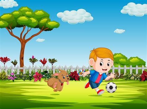 Premium Vector Boy Plays Soccer In The Yard With His Dog