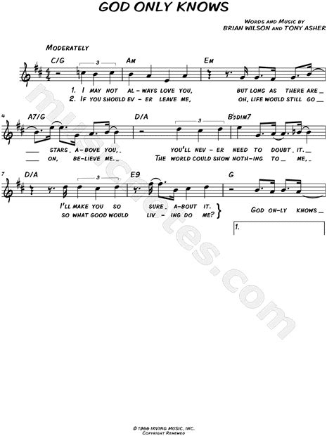 The Beach Boys God Only Knows Sheet Music Leadsheet In D Major