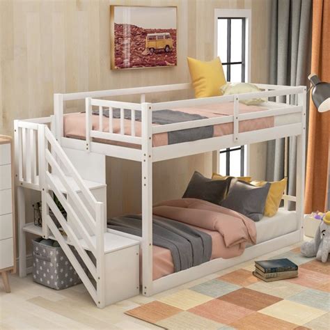 This bed features a twin bed on top and a twin or full bed on bottom. Euroco Wood Twin Over Twin Floor Bunk Bed with Stairs for ...