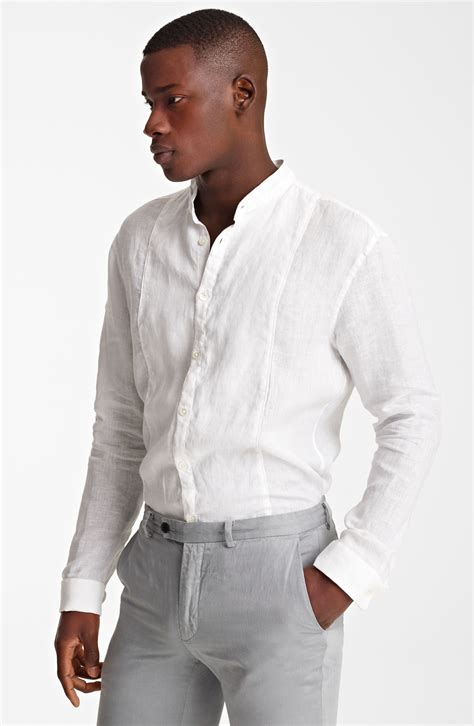 John Varvatos Mandarin Collar Linen Shirt In White For Men