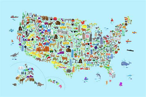 Animal Map Of United States For Children And Kids Digital Art By