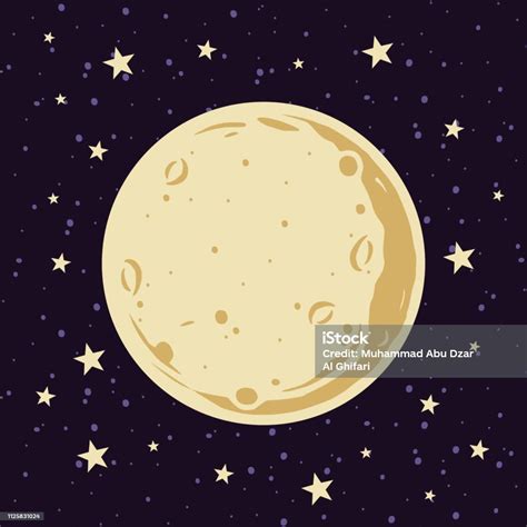 Full Moon And Stars In The Night Sky Vector Illustration In Cartoon