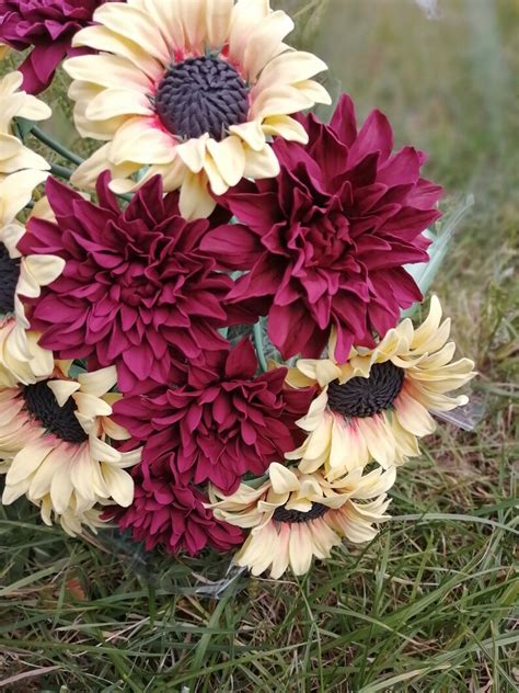 Burgundy Dahlias And Sunflowers Bouquet Bride Bouquet Etsy