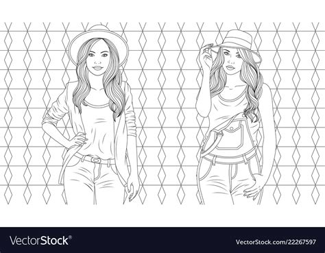 Two Beautiful Girls Coloring Pages Royalty Free Vector Image