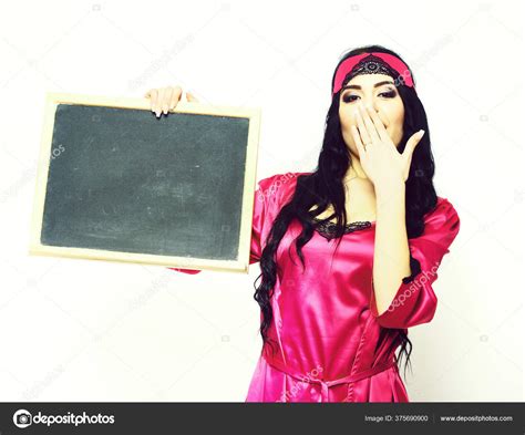 Surprised Sexy Girl In Silk Robe Holding Black Board Stock Photo