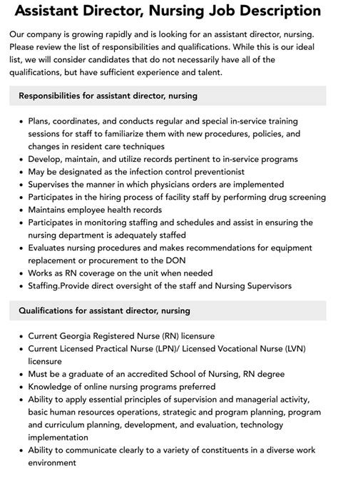 Assistant Director Nursing Job Description Velvet Jobs