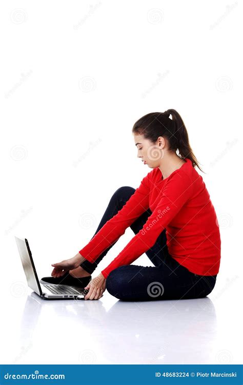 Side View Woman Sitting Cross Legged With Laptop Stock Photo Image Of