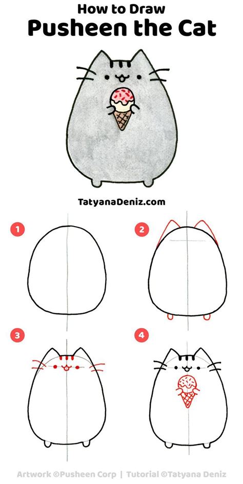 Easy four drawing idea step by step with pencil: How to draw Pusheen the Cat step-by-step. Easy and fun drawing tutorial by Tatya... - #Cat ...