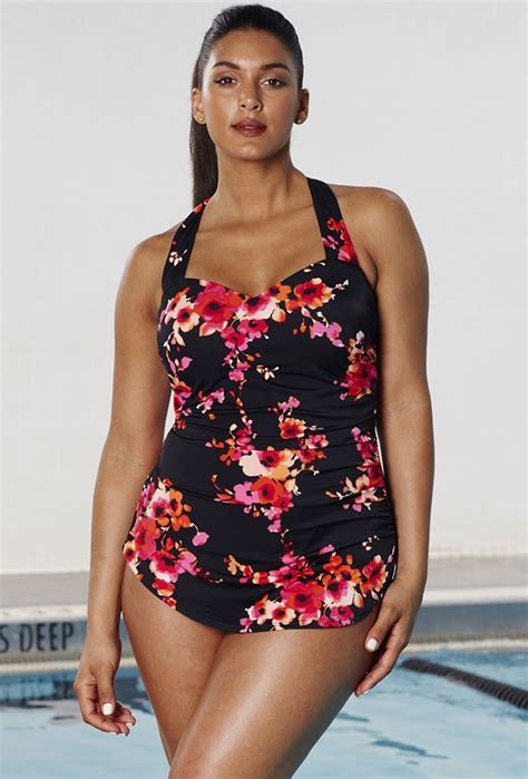 Aquabelle Poppies Sarong Front Swimsuit Full Figure Swimwear Womens Plus Size Swimwear Plus
