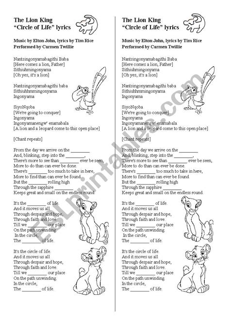 The Lion King Circle Of Life Lyrics Esl Worksheet By