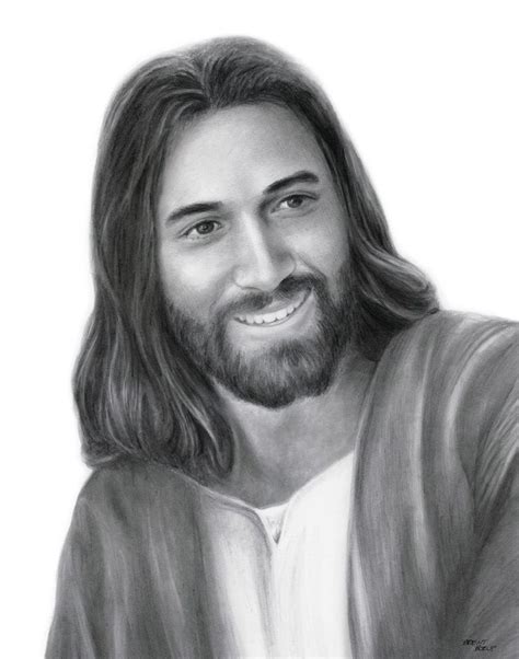 A Pencil Drawing Of Jesus Smiling With His Arms Crossed And Long Hair