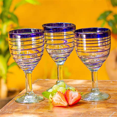 unicef market hand blown blue accent wine glasses set of 6 mexico tall cobalt spiral