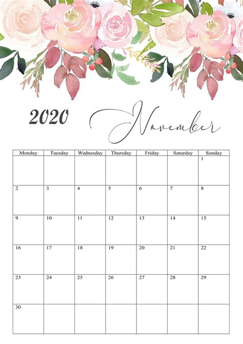Floral November 2020 Calendar Cute Printable December Calendar Blank