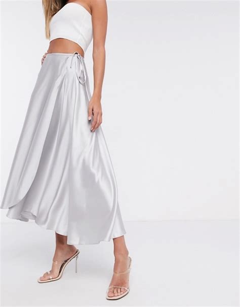 Asos Design Satin Wrap Midi Skirt In Silver Asos