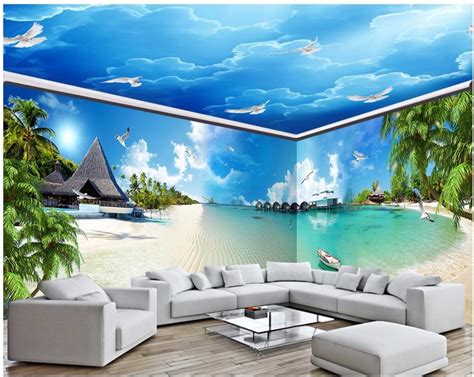 3d Room Wallpaper Custom Photo Blue Sea Beach Full House