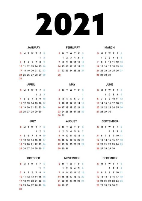 Calendario 2021 Aislado Sobre Fondo Blanco La Semana Comienza Desde El Domingo Ilustración