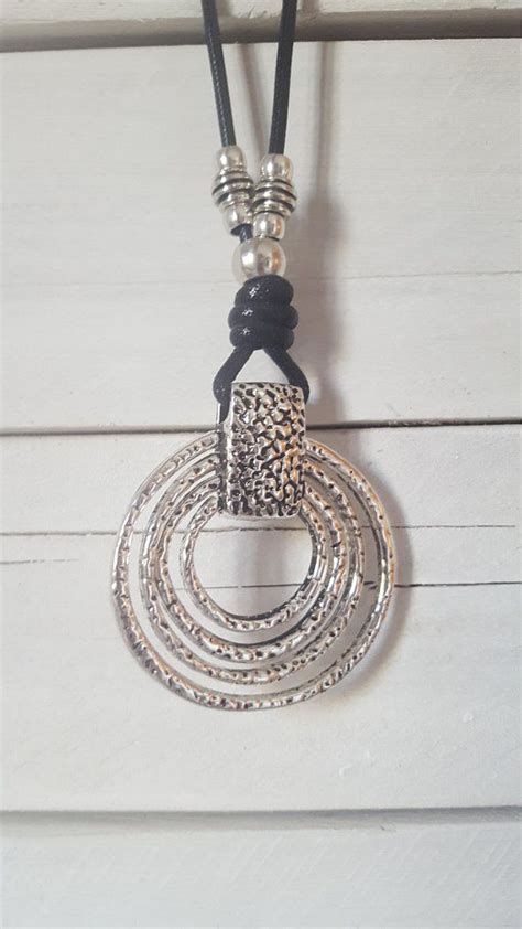 Long Leather Necklace Round Pendant Silver Pendant Spiral Leather