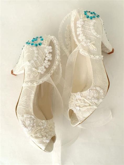 Teal Embroidered Ivory Lace Wedding Shoes Wedding Shoes Lace Bridal Shoes Ivory Bridal Shoes
