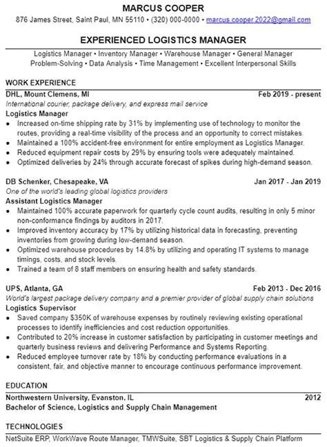 Logistics Manager Resume Example Leet Resumes