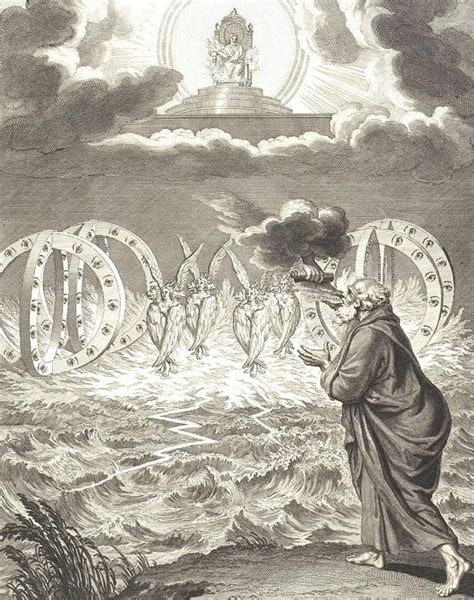 An Old Drawing Of A Man Standing In Front Of The Ocean With Many