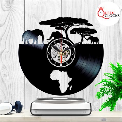 Safari Clock Africa Decorations Vinyl Record Wall Art Elephant Xmas