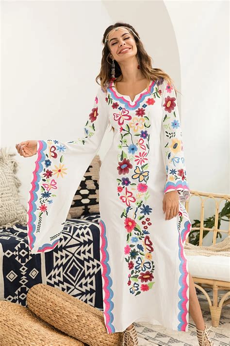 New Vintage Flared Long Sleeve Bohemian Multi Flower Embroidery Maxi Dress Women Sexy Boho Loose