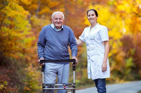 Nurse Helping Senior In Nature Stock Photo Image Of Health Hands